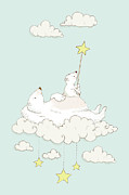 Cute Polar Bears on cloud Whimsical Art for Kids Painting by Matthias Hauser