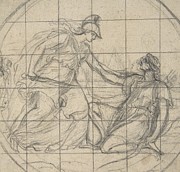 Design For A Medallion; Huntress Kneeling Before An Armed Drawing by Eustache Le Sueur Design For A Medallion; Huntress Kneeling Before An Armed Drawing by Eustache Le Sueur