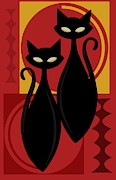 Devilishly Delightful Atomic Age Black Kitschy Cats Painting by Little Bunny Sunshine