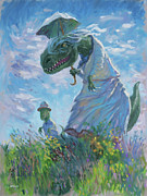 Dinosaur and son with a parasol  Digital Art by Martin Davey