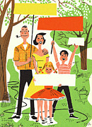 Family of Four Holding Up Signs Drawing by CSA Images