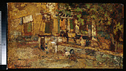 Farmyard With A Donkey And Cockerels Painting by Adolphe Joseph Thomas Monticelli