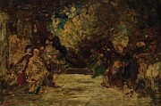 Figures On A Terrace, Not Dated Oil On Wood Panel Painting by Adolphe Joseph Thomas Monticelli