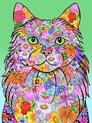 Flowers Maine Coon Cat Mixed Media by Tomoyo Pitcher