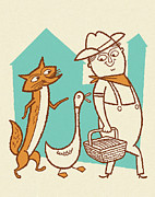 Fox and Duck Walking Behind a Farmer Drawing by CSA Images