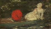 Frau Und Kind Im Freien Mit Rotem Parasol Painting by Albert Von Keller