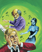 Frightened Man and Musical Monsters Drawing by CSA Images