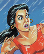 Frightened Woman in the Rain Drawing by CSA Images