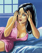Frightened Woman on Bed Drawing by CSA Images