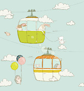 Funny Animals in Cable Cars whimsical Art for Kids Painting by Matthias Hauser