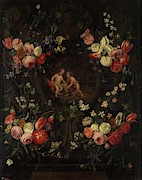 'Garland with Child Jesus and Saint John', 17th century, Flemish Scho... Painting by Jan van Kessel the Elder -1626-1679- 'Garland with Child Jesus and Saint John', 17th century, Flemish Scho... Painting by Jan van Kessel the Elder -1626-1679-