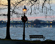 Gas Lamp and Bench by the frozen Delaware River  Photograph by Linda Stern