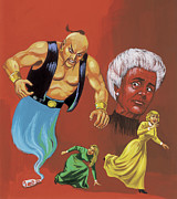 Genie Emerges from Bottle and Scares Women Drawing by CSA Images