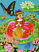Girl Sitting on a Lily Pad on a Pond Drawing by CSA Images