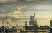 Harbor at Sunset. Painting by Jan Claesz Rietschoof -attributed to- Emanuel de Witte -rejected attribution-