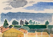 Houses, Trees, Mountains, Clouds Painting by Suzanne Giuriati Cerny