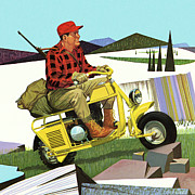 Hunter Riding a Motorbike Drawing by CSA Images