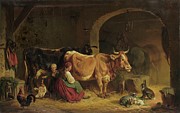 In The Barn Painting by Friedrich Voltz