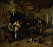 Interior Of An Inn With An Old Man Amusing Himself With The Landlady And Two Men Playing Backgammon, Known As 'two Kinds Of Games', 1660-79 Painting by Jan Havicksz. Steen
