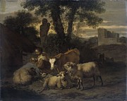 Italian Landscape with Shepherdess and Flocks. Painting by Simon van der Does Italian Landscape with Shepherdess and Flocks. Painting by Simon van der Does