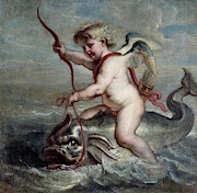 Jan Erasmus Quellinus / 'Cupid on a Dolphin', ca. 1630, Flemish School. JAN-ERASMUS QUELLINUS . Painting by Jan Erasmus Quellinus -17th cent -
