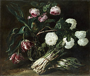 Jan Fyt -Antwerp, 1611-1661-. Vase of Flowers and Two Bunches of Asparagus -ca. 1650-. Oil on can... Painting by Jan Fyt -1611-1661-