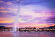 Jet Deau Sunset Geneva Switzerland  Photograph by Carol Japp