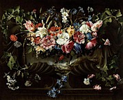 Juan de Arellano / 'Garland of Flowers with Landscape', 1652, Spanish School. Painting by Juan de Arellano -1614-1676-