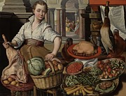 Kitchen Scene, with Jesus in the House of Martha and Mary in the background. Painting by Joachim Bueckelaer -copy after-