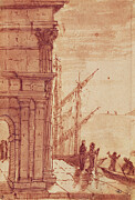 Landing Stage At Sunrise Pen, Brown Ink, Brown Wash And Black Crayon Drawing by Claude Lorrain