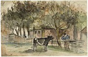 Landscape with a cow and a farmer. Painting by Jozef Israels Landscape with a cow and a farmer. Painting by Jozef Israels