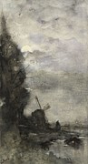 Landscape with mill by moonlight. Painting by Jacob Maris -1837-1899-