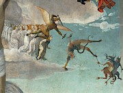 Le Calvaire-Calvary, detail The archangel Michael fighting devils. R. F. 1962-1. Painting by Josse Lieferinxe Josse Lieferinxe
