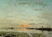Le Havre, coucher de soleil a mer basse-La Havre, sunset at low tide. Painting by Eugene Boudin -1824-1898-