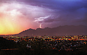 Lightning bolt over the Santa Catalina Mountains and Tucson, Arizona Photograph by Chance Kafka