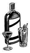 Liquor Bottle and Cocktails Drawing by CSA Images