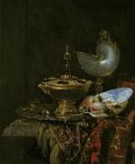 Magnificent Still Life With Holbein Bowl, Nautilus And Glass Cup And Fruit Bowl, 1678 Painting by Willem Kalf
