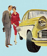 Man and Woman Admiring Car Drawing by CSA Images Man and Woman Admiring Car Drawing by CSA Images