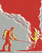 Man Fighting Fire Drawing by CSA Images Man Fighting Fire Drawing by CSA Images