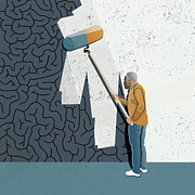 Man Painting Over Brain With Pill Painting by Ikon Images