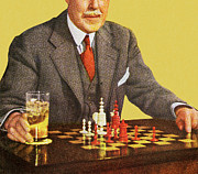 Man With Drink Playing Chess Drawing by CSA Images Man With Drink Playing Chess Drawing by CSA Images