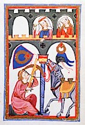 Manesse Codex -1305-40- German manuscript.The lover Herr Rubin shoots with crossbow his message. Painting by Album