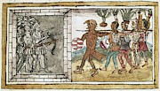 Manuscript, folio 213 V. Spanish and Indians Fighting in Tlaxcala. Conquest of Mexico. 16th century. Drawing by Diego Duran -1537-1588-