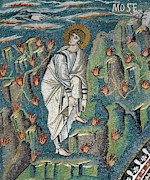 Mosaic of Moses loosening sandal on Mt. Horeb or Sinai at God's command from burning bush in Basi... Painting by Album Mosaic of Moses loosening sandal on Mt. Horeb or Sinai at God's command from burning bush in Basi... Painting by Album