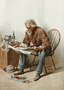 Older Man Sitting On A Chair Reading A Newspaper Painting by Anonymous