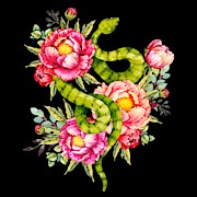 Peony Blossoms Buds And A Green Garden Snake Painting by Little Bunny Sunshine