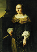 Portrait Of A Lady, Three Quarter Length, Wearing A Black And Green Dress, Holding A Fan, On A Portico Painting by Ferdinand Bol
