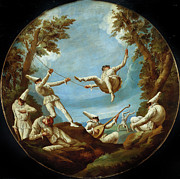Punchinellos On Swings, Making Music And Doing Acrobatics In A Landscape Painting by Giovanni Domenico Tiepolo