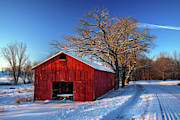 Red White and Blue - WI Tobacco barn on a frigid winter morning at sunrise Photograph by Peter Herman