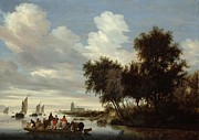 River Landscape with Ferry. Rivierlandschap met een veerboot. Painting by Salomon Van Ruysdael River Landscape with Ferry. Rivierlandschap met een veerboot. Painting by Salomon Van Ruysdael
